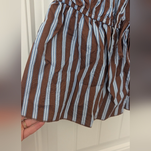 NWOT Brown & Blue Striped Tie Front Babydoll Blouse S - Picture 5 of 8
